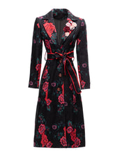Women's Slim Fit Black Floral Rose Trench Coat